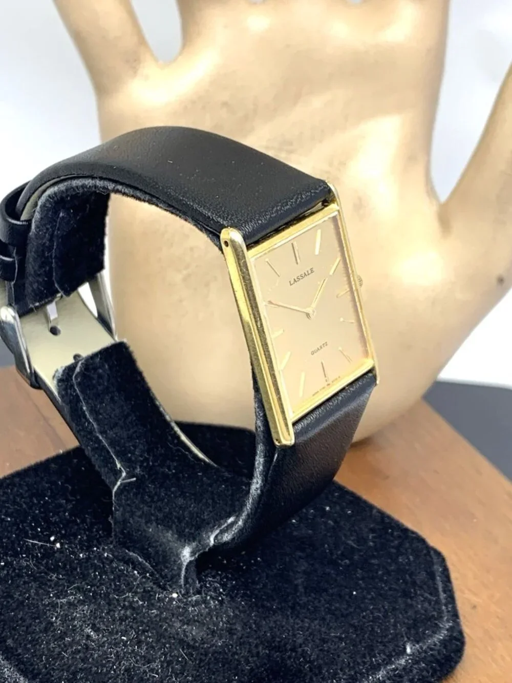 Lassale By Seiko Watch 7730-5059 Quartz Tank Gold Dial Black Leather Strap 23mm